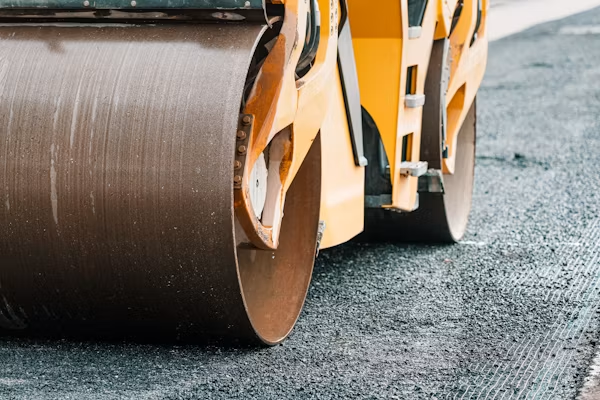 Paving contractor in California compacting asphalt during installation
