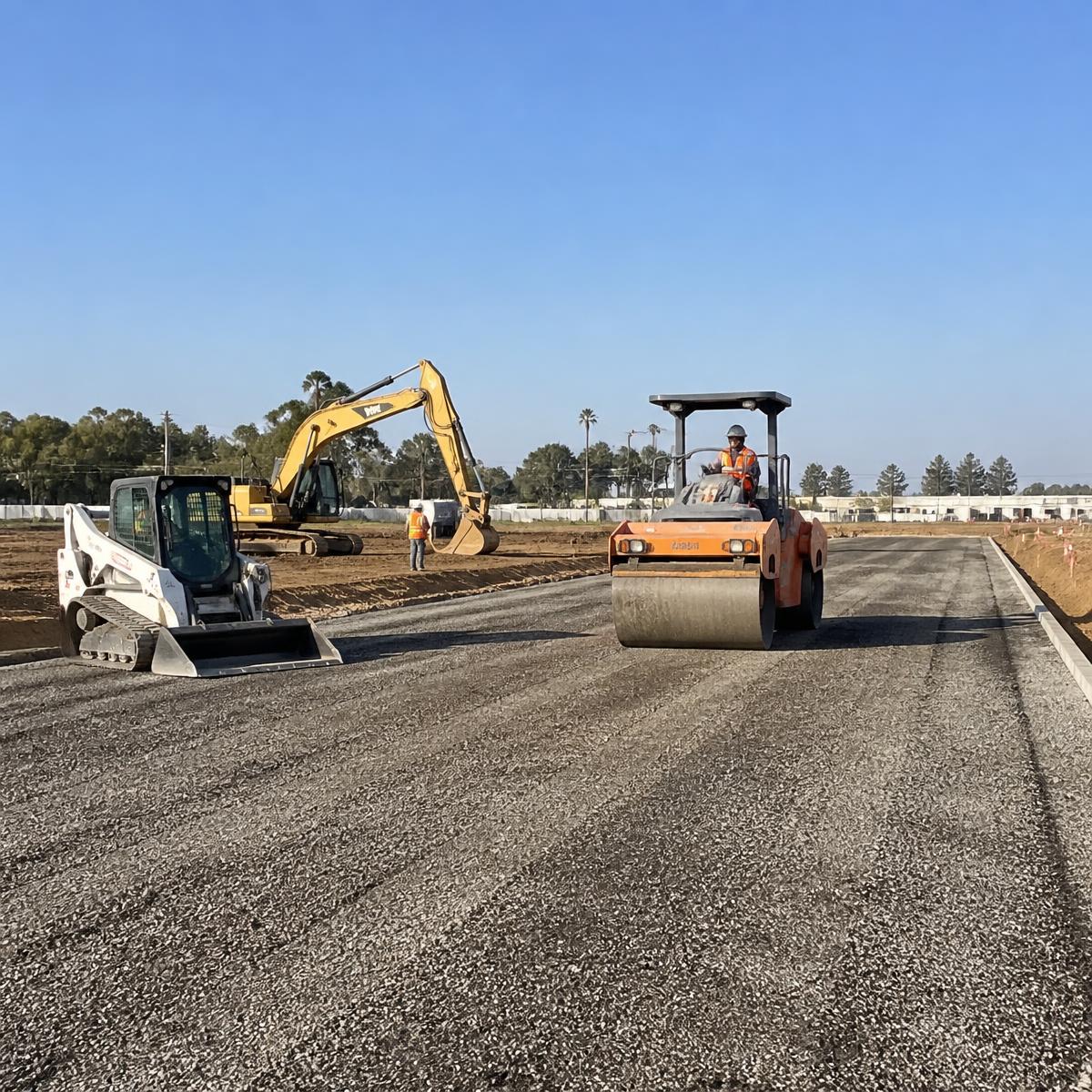 California paving specialist grading a building pad before asphalt installation