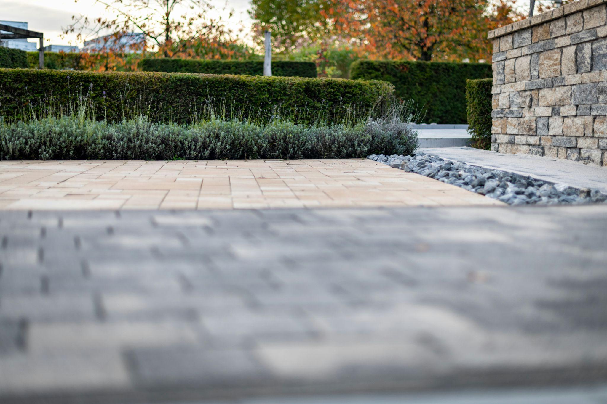 A landscaped paved walkway maintained by California asphalt paving specialists.