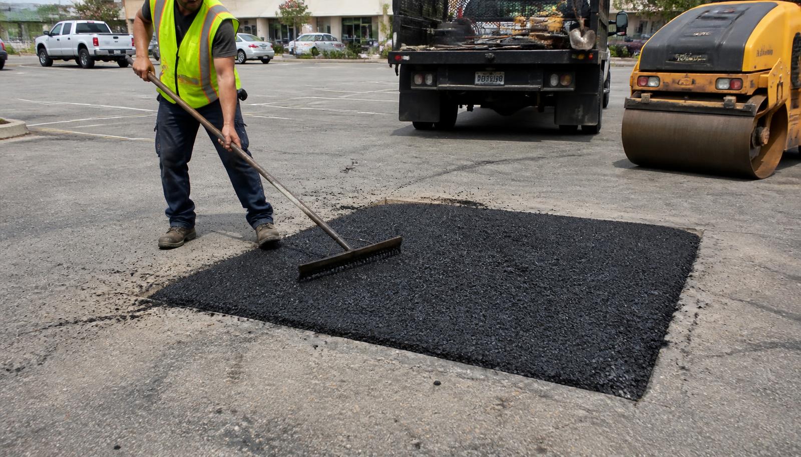 Crew member raking fresh hot asphalt into a saw-cut pothole patch in a commercial parking lot