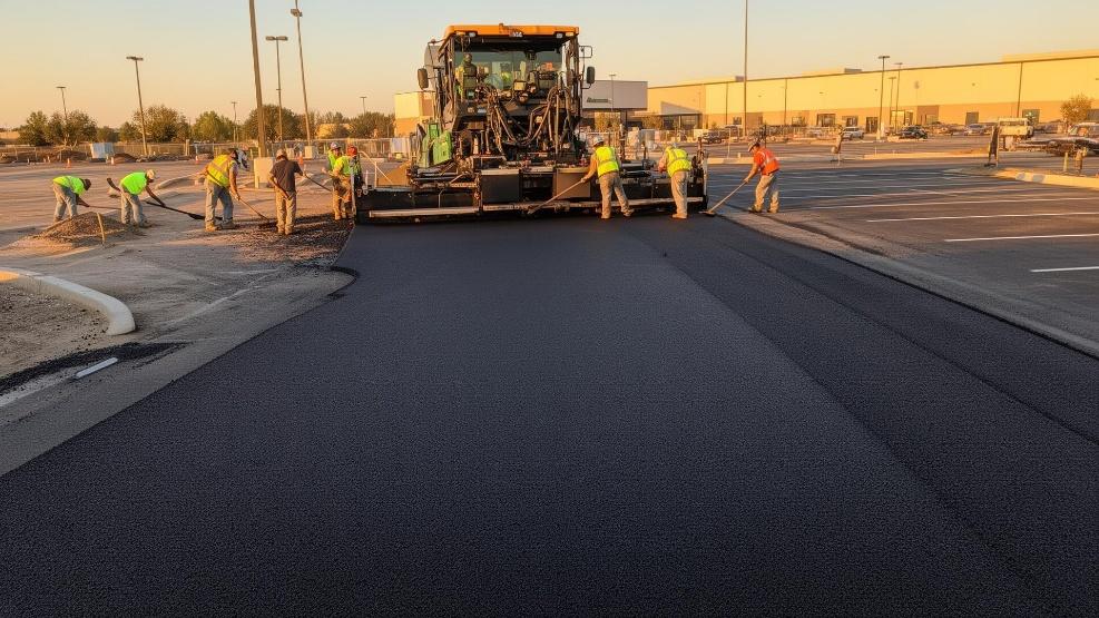 Asphalt paving crew compacting a commercial parking lot for commercial parking lot paving in California.