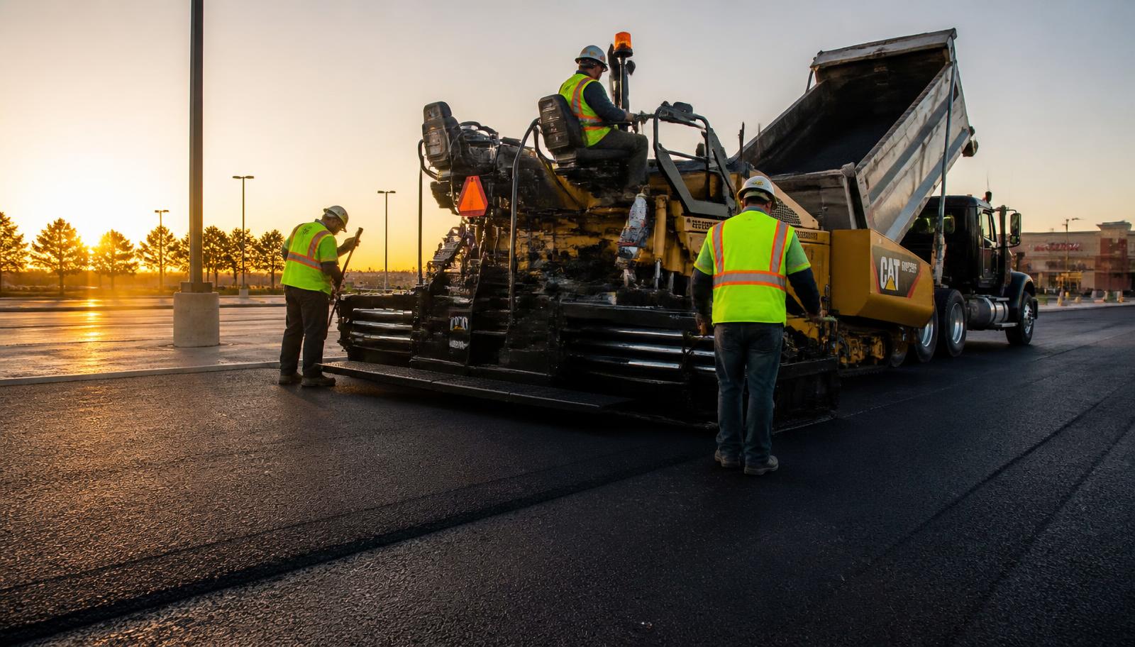 Asphalt repair crew paving a commercial parking lot at sunset