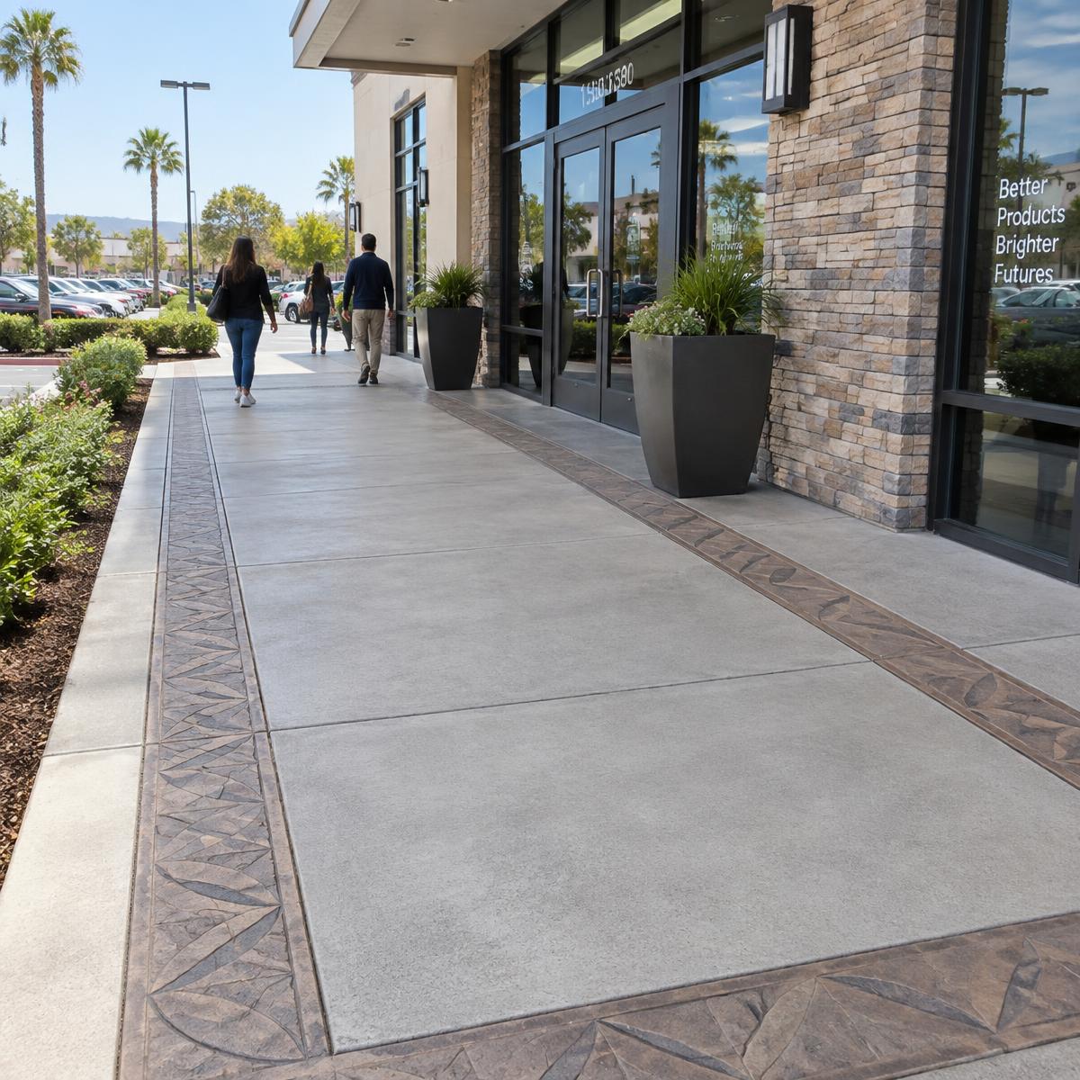 Commercial California concrete sidewalks with a durable decorative walkway design.