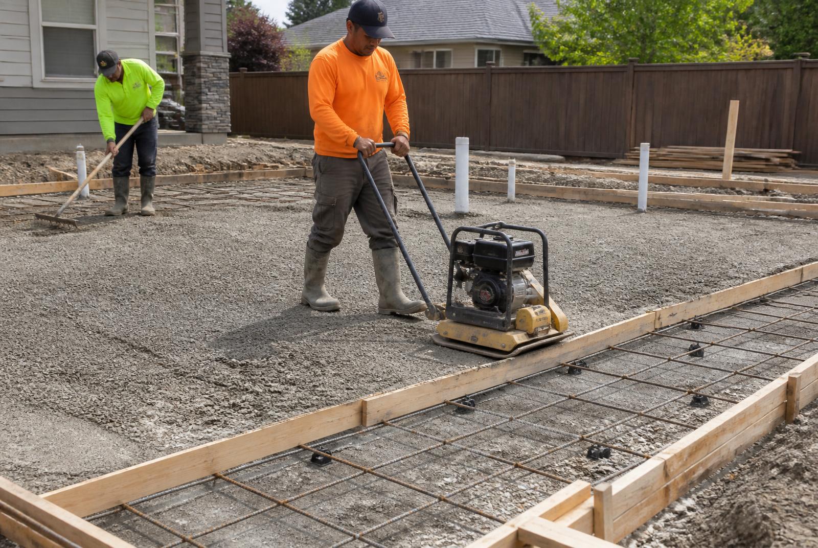 Crew compacting graded aggregate base over rebar and forms before a concrete pour