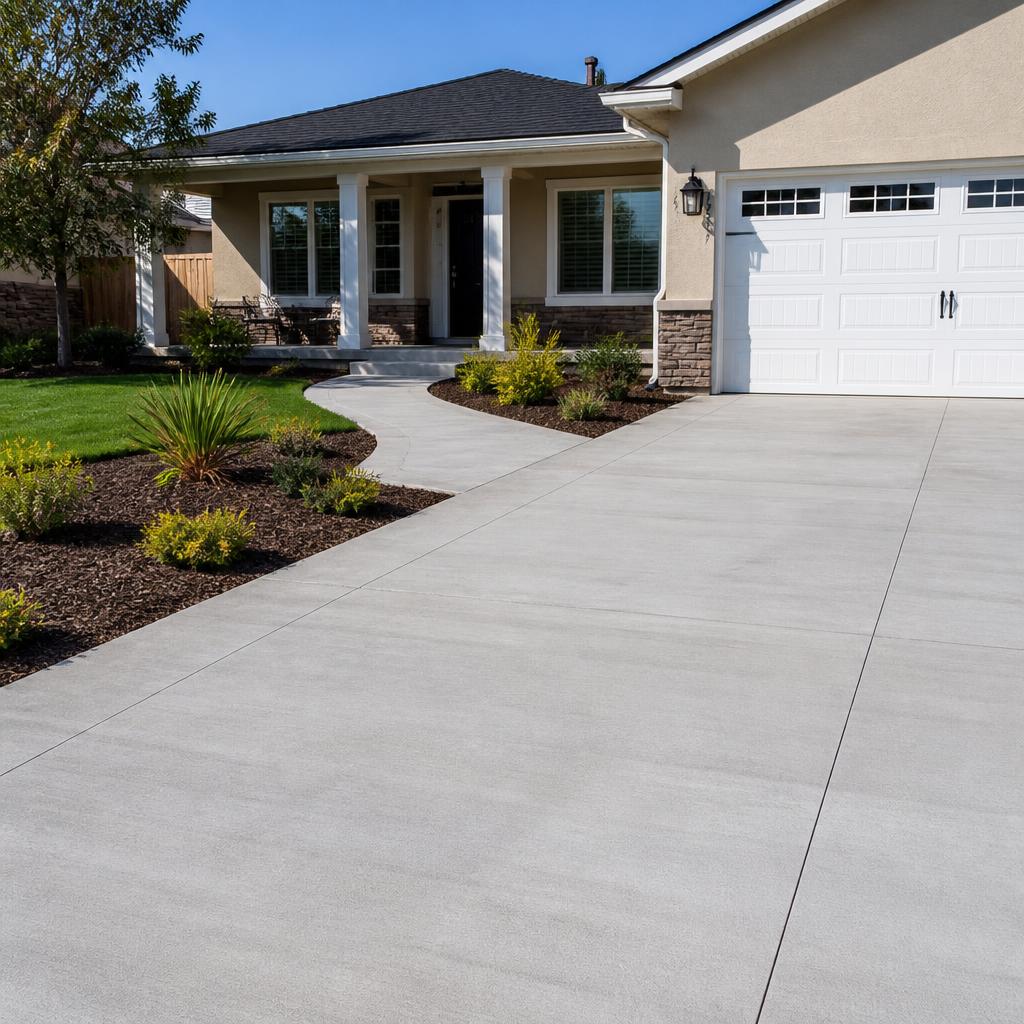 Custom concrete porches in California with a seamless concrete walkway and driveway.