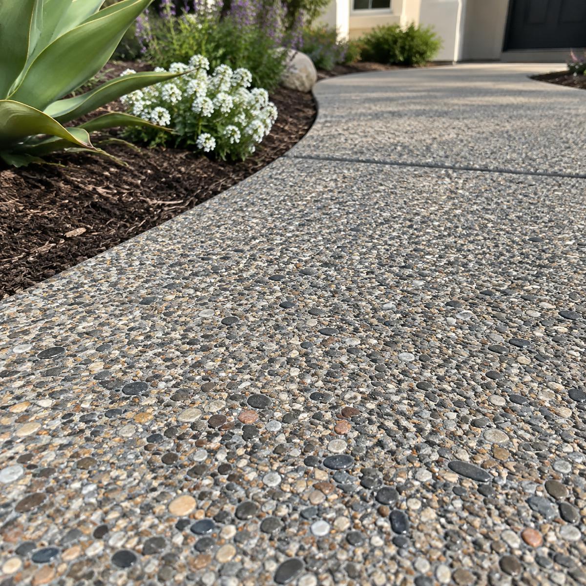 Exposed aggregate custom concrete walkways in California with decorative stone finish.