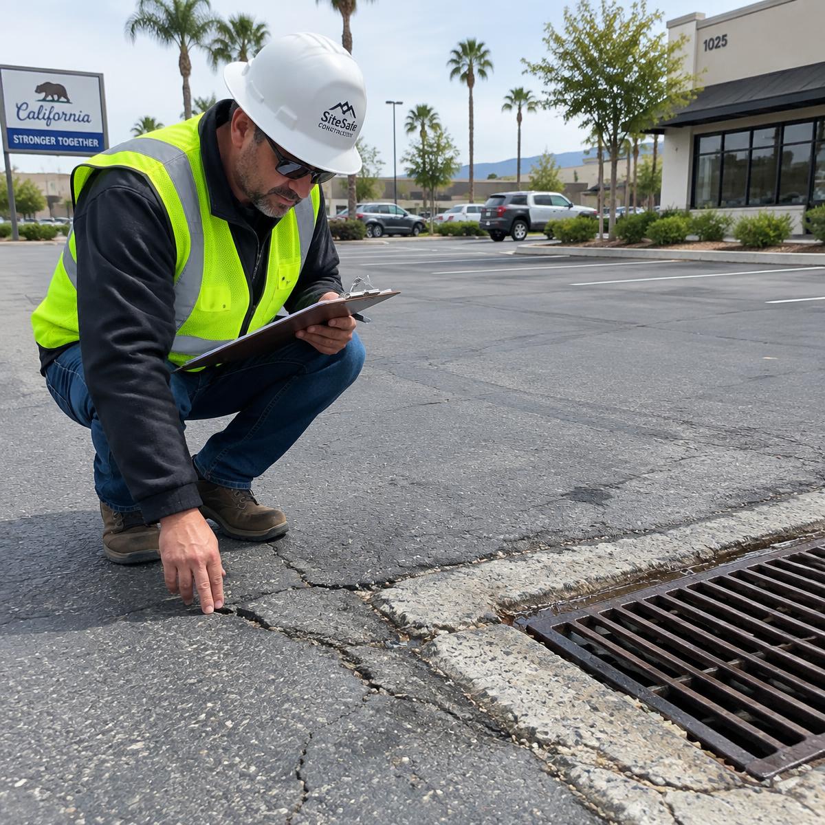 Parking lot pavement assessment in California checking cracks and drainage before paving.