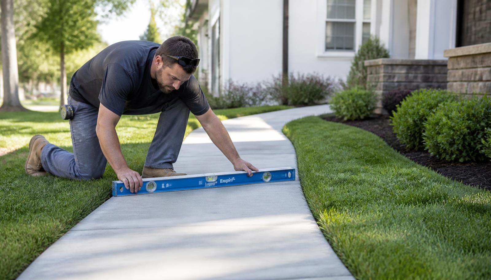 A contractor checking the slope of a landscaped concrete walkway representing concrete sidewalks services in California